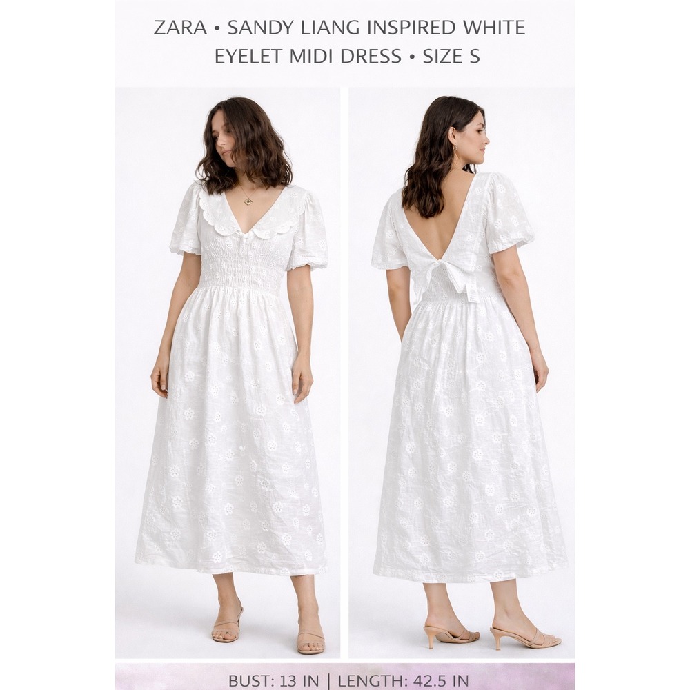 ZARA White Eyelet Midi Dress Small Sandy Liang Inspired Open Back Puff Sleeve